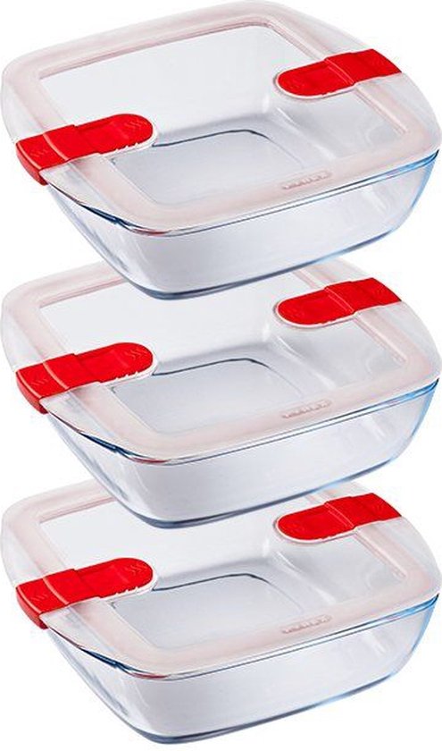 Pyrex - Cook & Heat Bowl Square 1 litre Set of 3 Pieces - Transparent/Rouge