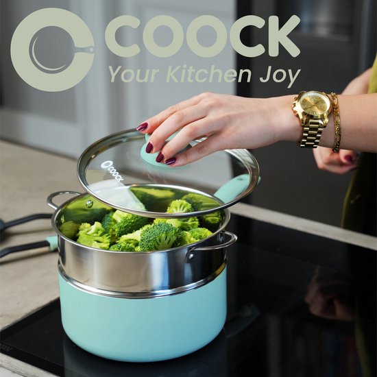 COOCK Batterie de cuisine à induction 19 pièces - Revêtement spécial antiadhésif - Poignées froides ergonomiques - Aluminium recyclé - Ensemble de poêles - Ensemble de casseroles - Turqoise (vert) - Sous-verres et livre électronique inclus