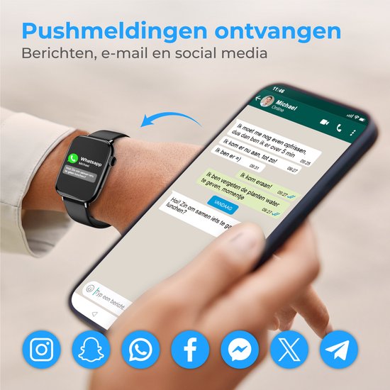 Nuvance - Smartwatch Hommes et Femmes avec Bluetooth - IP68 Waterproof - Convient à tous les Smartphones - Podomètre et moniteur de fréquence cardiaque - Noir