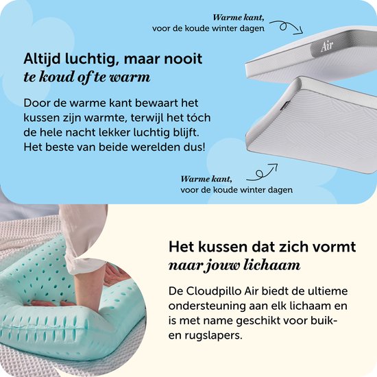 Oreiller Cloudpillo - Air - 30 nuits de sommeil d'essai - Confort ultime - Ventilation et soutien - Parfait pour tous les dormeurs - Hypoallergénique - Qualité supérieure