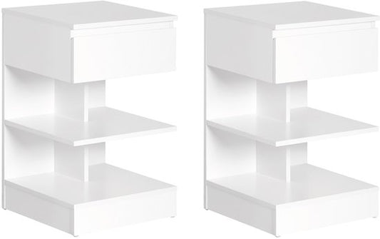 SoBuy Lot de 2 tables d'appoint, table de nuit avec 1 tiroir et 3 étagères, table basse au design scandinave pour le salon ou la chambre, blanc, 39x65x39cm, FBT49-Wx2