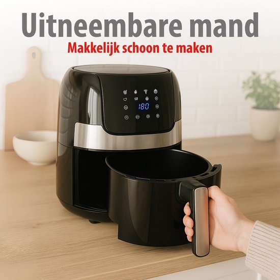 alpina Airfryer 4.5L- Friteuse à air chaud pour 2 à 4 personnes - Friteuse à air avec température réglable de 80°C à 200°C - Minuteur jusqu'à 60 minutes - Friteuse à air chaud 1400W - Noir