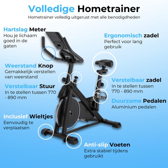 Vélo d'exercice - Vélo de fitness - Vélo de spinning - Roue d'inertie 8KG - Moniteur de fréquence cardiaque - App inclus - Extrêmement silencieux