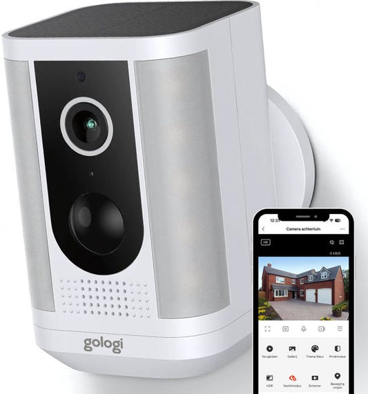 Gologi Solar Pro Caméra de sécurité extérieure - 5200 mAh - Vision nocturne - Détection de mouvement - Caméra de surveillance - Panneau solaire - Sans fil - USB-C - WiFi et App - Blanc