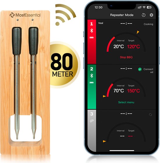 MostEssential Thermomètre à viande intelligent - sans fil - portée de 80 m - autonomie de 36 heures - Bluetooth 5.2 - batterie 2000mAh - édition double sonde