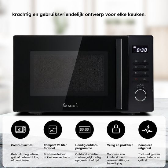 Micro-ondes combiné - 25L - Micro-ondes combiné à poser - Fonction gril et air chaud - 10 programmes de cuisson - Minuteur numérique et sécurité enfant - 900W - Noir - Saaf