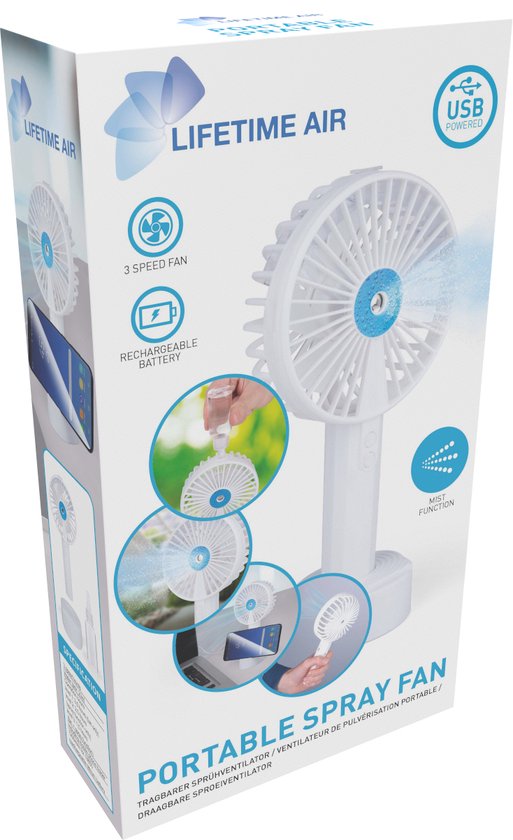 Lifetime Air Hand Fan - Ventilateur USB avec jet d'eau - 1200 mAh - Mini ventilateur avec jet d'eau - Blanc