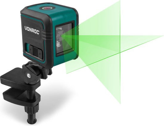 VONROC Cross Line Laser - Vert - Auto-nivelant - 18 mètres - Support de montage et sac de rangement inclus
