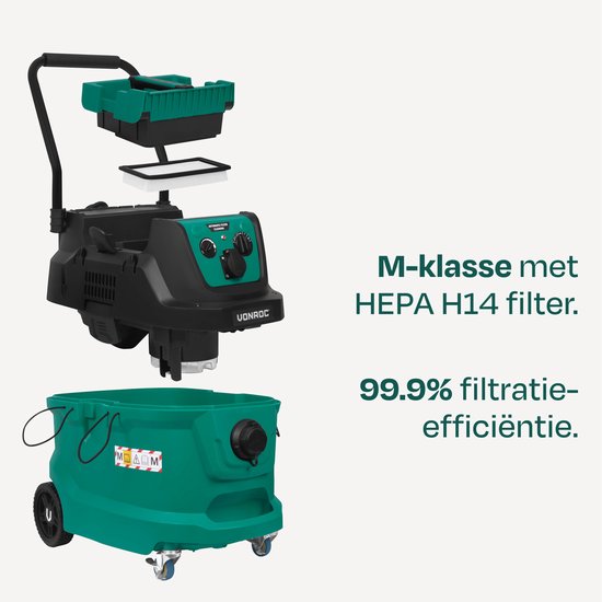 Aspirateur eau et poussière VONROC construction - Classe M - 1600W - 22kPa - Nettoyage automatique du filtre (fonction knock) - HEPA H14 - Réservoir 40L - Tuyau antistatique Ø35 mm