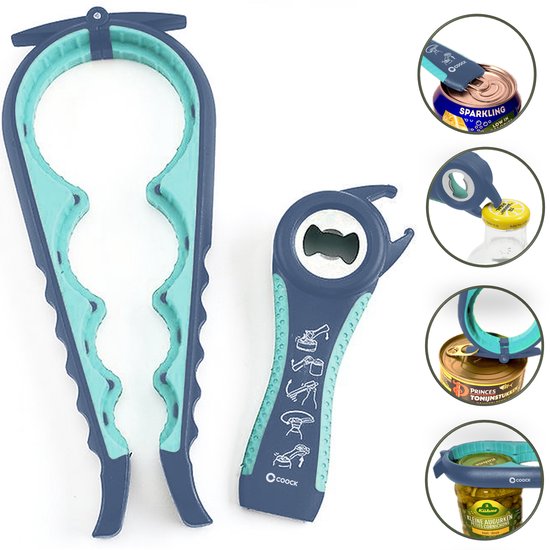 COOCK - Ouvre-tout - Ouvre-pot 7-en-1 - Aides de cuisine - Ouvre-bouteille - Ouvre-bière - Ouvre-couvercle XL pour bocaux - Ouvre-bocal - Aides pour les personnes âgées - Bleu