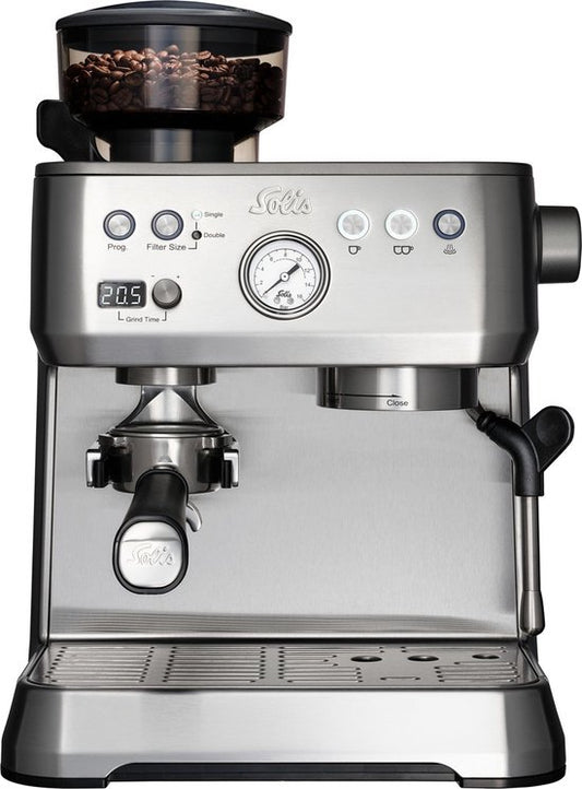 Solis - Machine à espresso avec moulin à grains - réservoir d'eau de 2,6 l & avec mousseur à lait - manomètre et pré-infusion intégrés - pour une qualité de barista à la maison - acier inoxydable argenté
