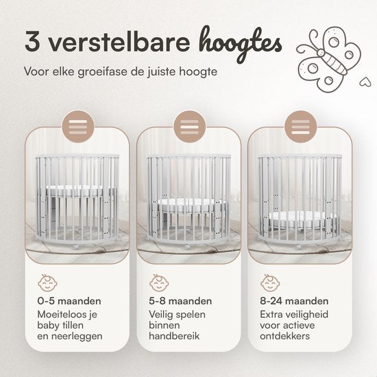 Flowsense Baby Box - Parc pour enfants rond - avec matelas - hauteur réglable - roulettes - blanc