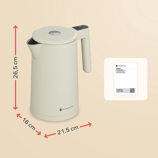 KitchenBrothers Bouilloire - 1.7L - Avec contrôle de la température - Électrique - Fonction maintien au chaud - Affichage - Double paroi - Cool-touch - 2200W - Beige