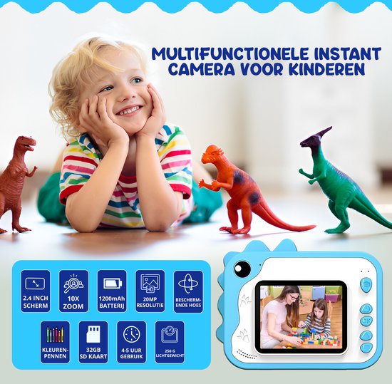 K&L® 3 IN 1 Digital Kids Camera + Instant print + play camera - 32GB micro sd card - camera kids - Vlog camera with games - Photo camera for kids - Small size toy - With video function - Blue