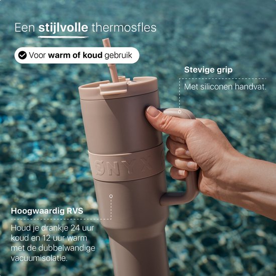 ONYX Bouteille à boire avec paille 1 litre - Bouteille d'eau pour enfants et adultes - Tasse thermos en acier inoxydable - Buvette de motivation - Tasse à boire pour l'école - Beige sable