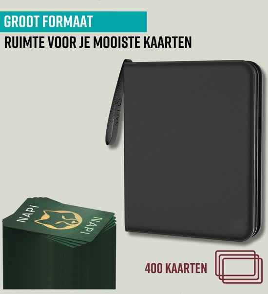 NAPI Collection Folder for 400 Cards - Reliure pour cartes - 4 poches - Faux cuir - Premium Card Binder with Zipper - 50 Pages - A5 - Black