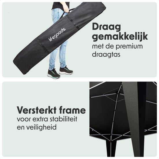 LifeGoods Party Tent Plus - Tente pliante - 3x3 m - Montage facile - Armature renforcée - Imperméable - Sac de transport - Noir