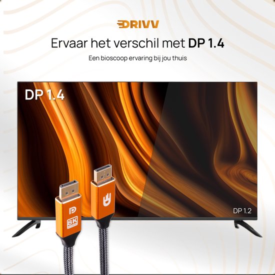 Drivv. Câble Displayport - 8K 60Hz - 4K 144 Hz - 32.4GBps - Displayport 1.4 - Câble DP - 2 mètres - Orange