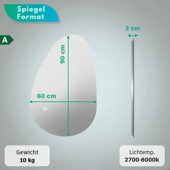 Mirlux Miroir de salle de bain avec éclairage LED - Miroir mural asymétrique - Forme organique - Miroir de douche anti-condensation - Miroir mural 90x60CM