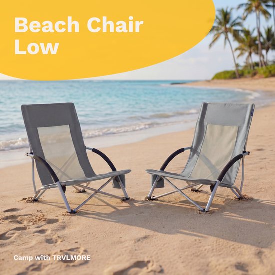 TRVLMORE Chaises de plage - Lot de 2 - Pliables et démontables - Capacité de charge de 120KG - Légères - Avec sac de transport et porte-gobelet - Gris