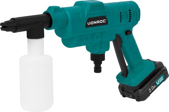 VONROC Accu nettoyeur haute pression 20V - 24bar - 198 l/h - Inclus tuyau d'aspiration de 5m, bouteille de détergent et buse ajustable - Inclus batterie 2.0Ah et chargeur rapide