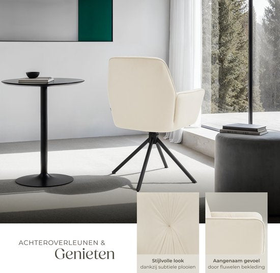 tectake® Chaise pivotante Lenia - Lot de 2 chaises pivotantes avec accoudoir - Chaise de salle à manger pivotante - Fauteuils pivotants - Tapissé - Velours aspect crème/noir