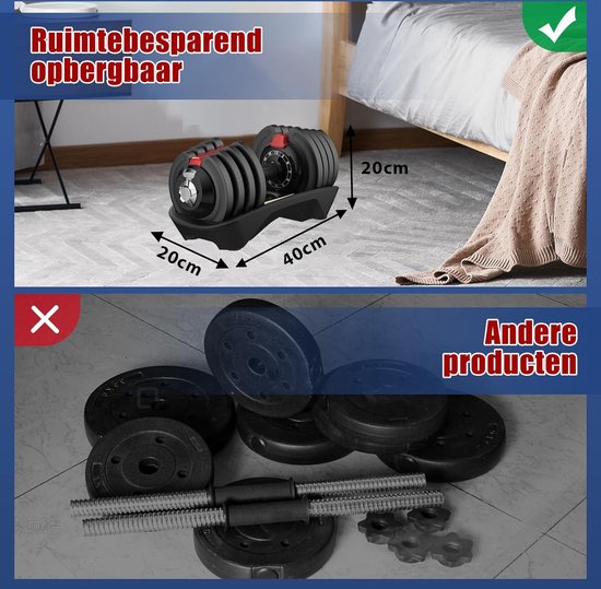 DH FitLife Haltères réglables de 1,5 à 18 kg avec base de rangement pour la musculation des femmes et des hommes, ensemble d'haltères avec plaques de poids, peu encombrant pour l'entraînement, poids variable 12-en-1, 1 Pièce