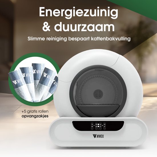 Vivex® Automatic Litter Box - Bac à litière autonettoyant avec application - 75L - avec tapis et 5 sacs de ramassage en rouleau - XXL