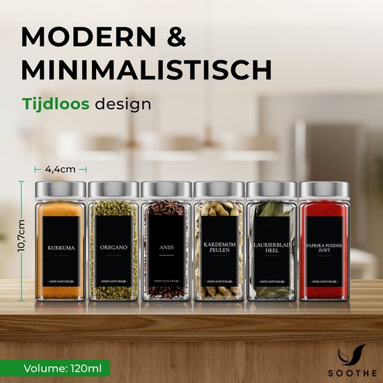 Soothe 24 pots à épices carrés en verre avec couvercle en acier inoxydable - 2 types de couvercles à saupoudrer - Spice Spreader - pots à épices - Set complet avec stickers à épices, stick à craie et accessoires - 120ml