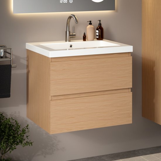 Mirlux Meuble de salle de bains Chêne clair 60 cm - Lavabo Blanc - Ensemble de meubles de salle de bains - Meuble lavabo Chêne clair