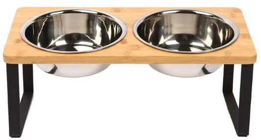 Ceruzo Gamelle double - Petits chiens - Acier inoxydable - Bambou-Métal Standard -33x15x12.5 cm