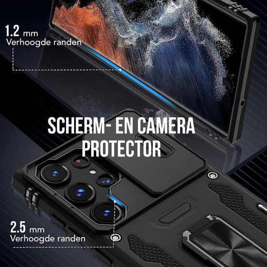 Podec Case with Screen Protector - Suitable for Samsung Galaxy S23 Ultra - Black Phone Case - Anti-Shock Case - Hybrid Armor Case with Kickstand Ring