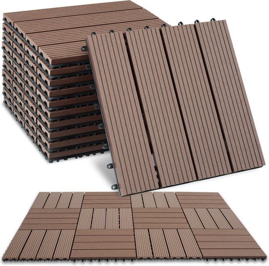 tectake® WPC wood tiles - Dalles aspect bois - Résistant aux intempéries - Sol extérieur - Dalles de sol - Sol de balcon - Dalles de terrasse avec système click - Drain - Lot de 11 - Marron