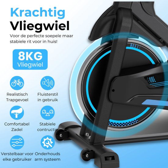 Vélo d'exercice - Vélo de fitness - Vélo de spinning - Roue d'inertie 8KG - Moniteur de fréquence cardiaque - App inclus - Extrêmement silencieux