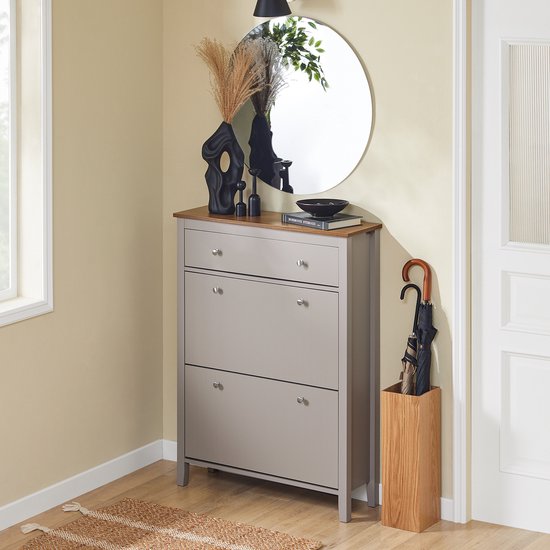 SoBuy FSR89-KA Armoire à chaussures avec 2 volets et un grand tiroir - Tiroir de rangement pour 12 paires de chaussures pour l'entrée, le couloir - Rangement pour chaussures marron clair, 80×25×108cm