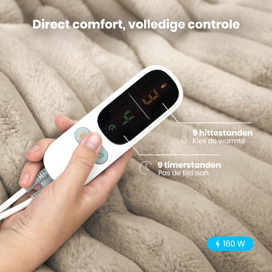 Couverture électrique Auronic - 160 x 120cm - Couverture chauffante - 1 personne - 3 niveaux de chaleur - Peluche - Couverture chauffante - Taupe