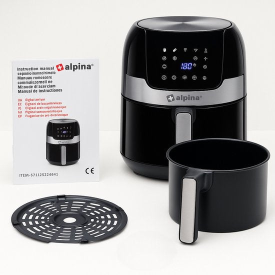 alpina Airfryer 4.5L- Friteuse à air chaud pour 2 à 4 personnes - Friteuse à air avec température réglable de 80°C à 200°C - Minuteur jusqu'à 60 minutes - Friteuse à air chaud 1400W - Noir
