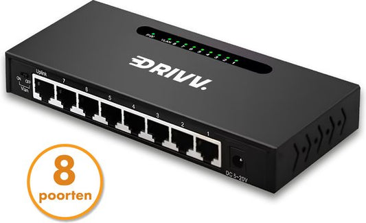 Drivv. Commutateur réseau - 8 ports - Commutateur Internet - Répartiteur RJ45 - noir