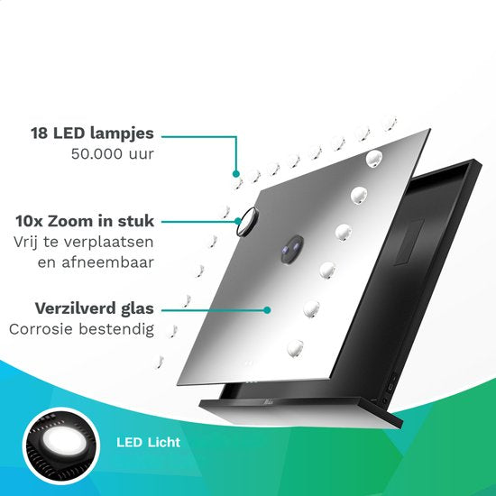 Mirlux Hollywood Mirror 80x60CM - 2 haut-parleurs Bluetooth - ports de charge USB et USB-C - éclairage LED - miroirs de maquillage - zoom 10x - suspendu - noir