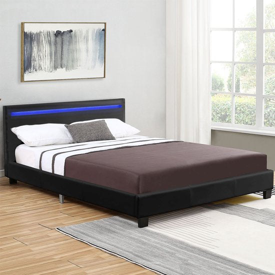 Lit capitonné Verona - Eclairage LED avec télécommande - 16 couleur différentes - 120 x 200 cm - Noir