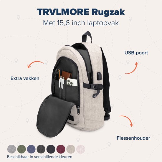 TRVLMORE Sac à dos - 25L - 15.6 Inch - Sac à dos pour ordinateur portable avec USB - Cartable - Homme et Femme - Sac Champagne