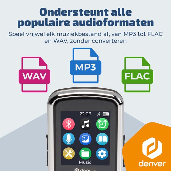 Lecteur MP3 Denver avec oreillettes - extensible jusqu'à 128 Go - Mode Shuffle/Repeat - Enfants et adultes - Clip de fixation - AUX - MPS320B - Noir
