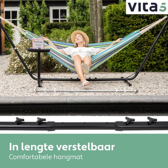 Hamac Vita5 avec support - 2 personnes - Porte-gobelet inclus - 205kg de poids - Vert/Bleu