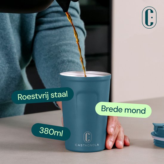 Tasse thermos Castagnola - Tasse à café à emporter - Tasse de voyage pour café et thé - Tasse à thé - 380 ML - acier inoxydable - Bleu