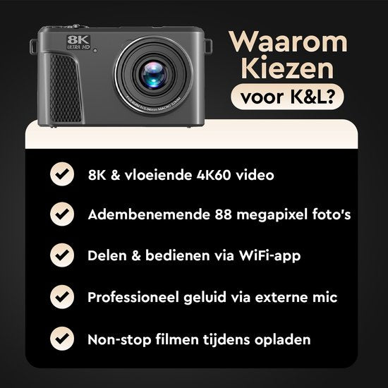 K&L - 8K 88MP - 18X Zoom - 128GB SD - WiFi - 3.0" UHD display - mic port - Caméra photo - Caméra compacte - Caméra Vlog