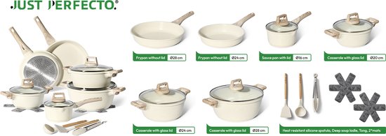 Just Perfecto 15 Piece Induction Cookware Set - Beige Cookware Set With Lid For Gas and Induction - PFAS free - Cold grips