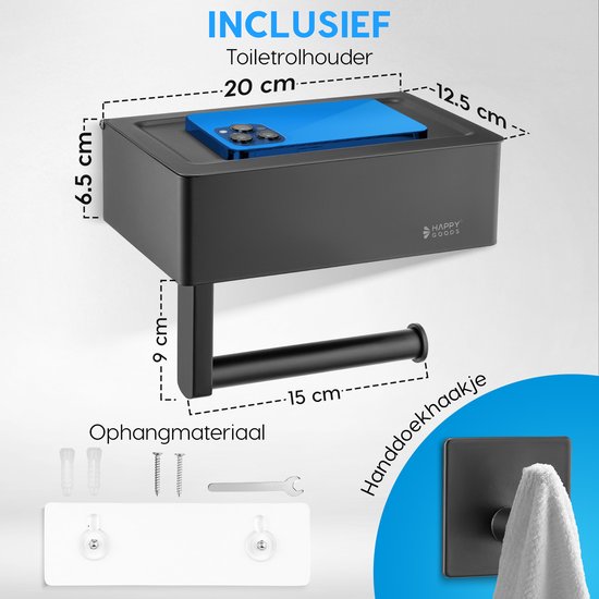Happy Goods Porte-rouleau de toilette avec tablette et plateau - Autocollant / Perçage - Porte-rouleau de toilette Noir sans perçage - inox - INCL. Crochet porte-serviette