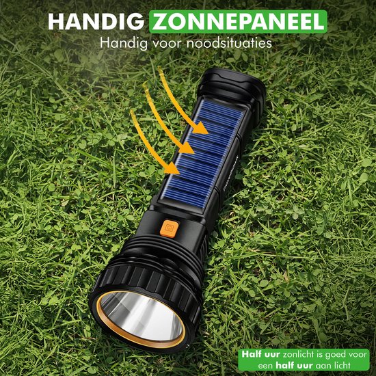 Travelhawk Flashlight - Lampe de poche Led - Lampe de poche militaire - Lampe de poche à batterie - 1000 Lumens - Panneau solaire - Étanche - Noir