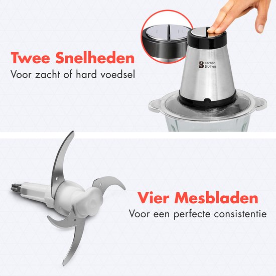 KitchenBrothers Chopper - Hachoir électrique - 2 vitesses - 300W - 1.8L - Bol en verre