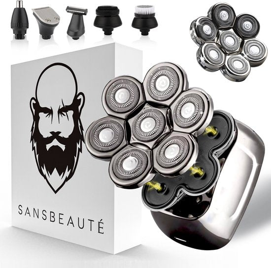 Rasoir pour homme 6-en-1 + tête de rasage supplémentaire - Tondeuse - Sansbeauté® SkullSharp PRO Magnetic - Rasoir pour crâne - Wet & Dry - Rasage du visage et de la tête - Rasage de la tête - Chargement USB - Accessoires